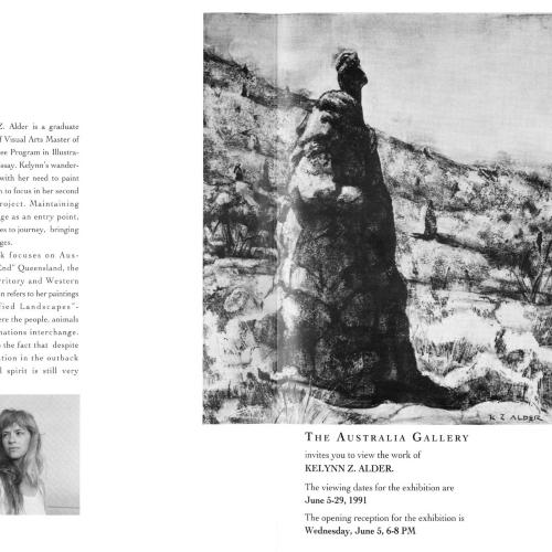 Prints depicts: spread with information on artist, portrait of artist, painting reproduction, and exhibition details