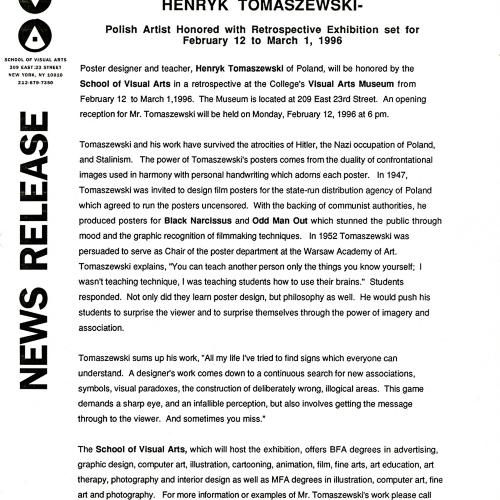 Press Releases depicts: typed press release on School of Visual Arts letterhead