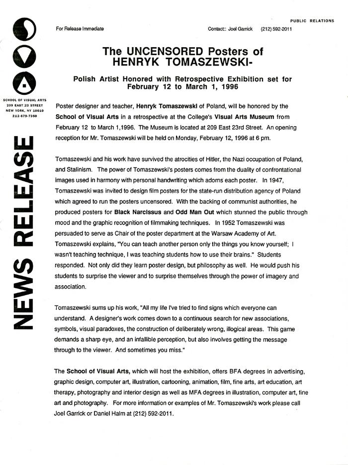 Press Releases depicts: typed press release on School of Visual Arts letterhead