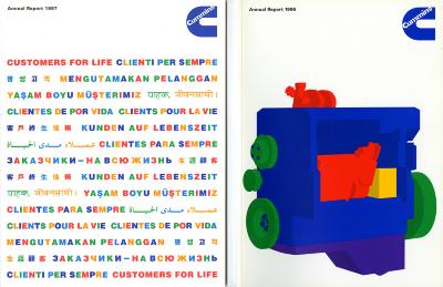 Annual Reports and Corporate Communications depicts: Colorful 3D model of an engine. Rows of "Customers For Life" in different languages and colors.