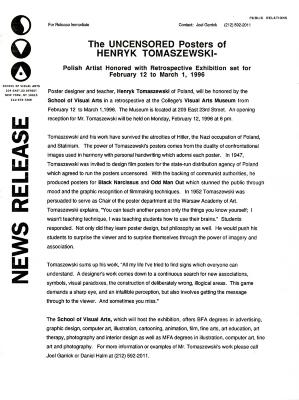 Press Releases depicts: typed press release on School of Visual Arts letterhead