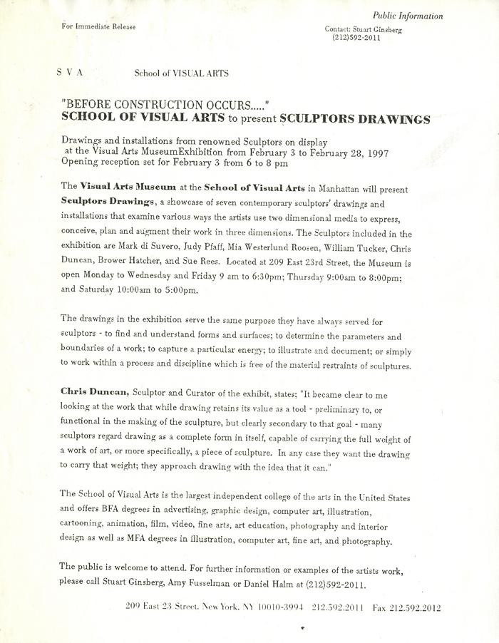 Press Releases depicts: typed press release on School of Visual Arts letterhead