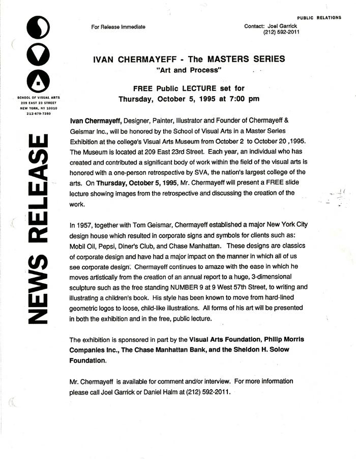Press Releases depicts: typed press release on School of Visual Arts letterhead
