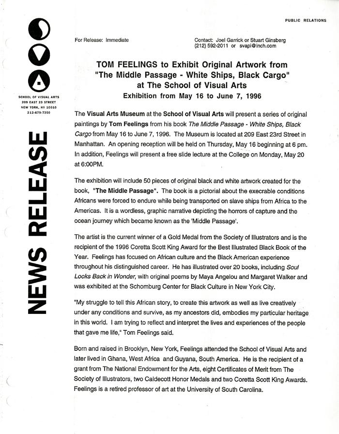 Press Releases depicts: typed press release on School of Visual Arts letterhead