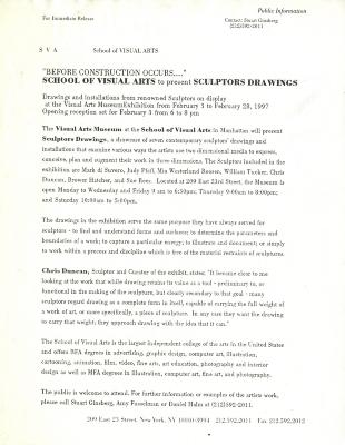 Press Releases depicts: typed press release on School of Visual Arts letterhead