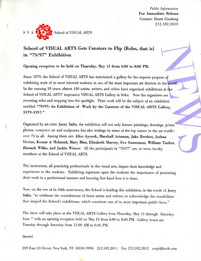 Press Releases depicts: typed press release on School of Visual Arts letterhead