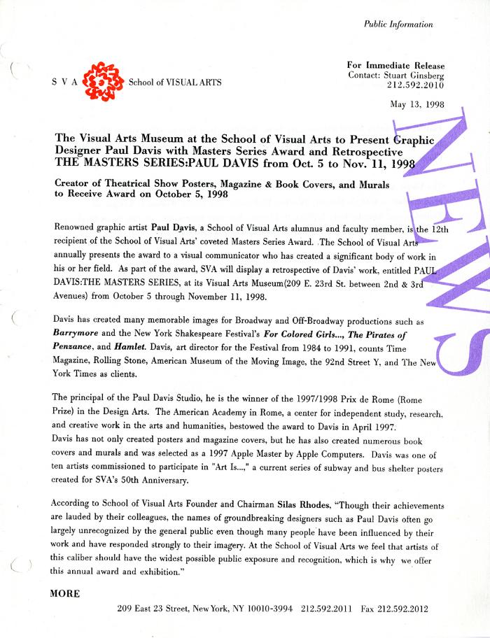 Press Releases depicts: typed press release on School of Visual Arts letterhead