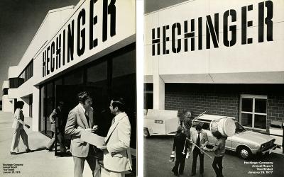 Annual Reports and Corporate Communications depicts: Two photographs of people in front of a Hechinger building from different angles.