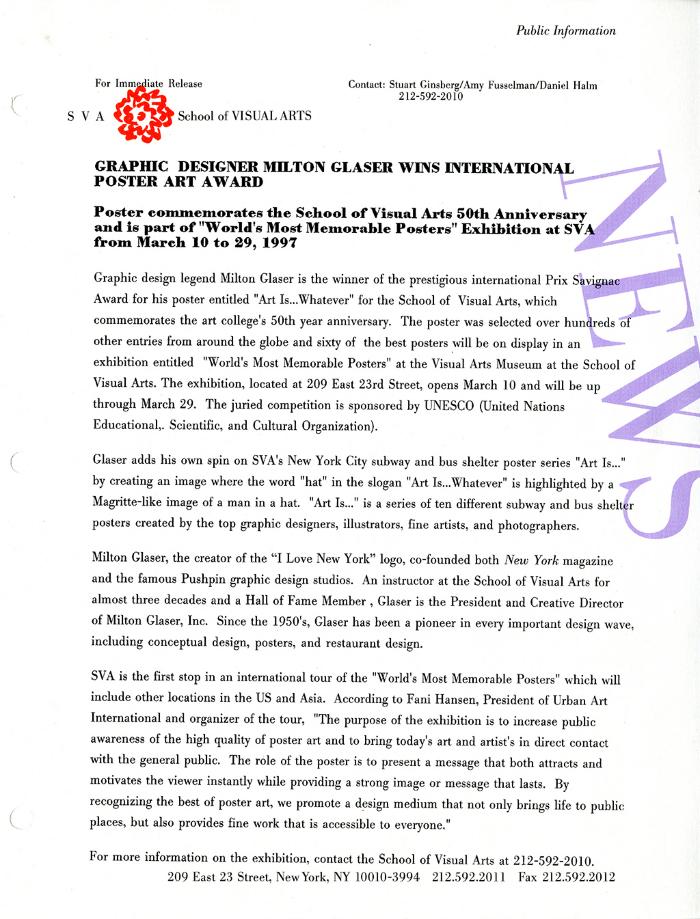 Press Releases depicts: typed press release on School of Visual Arts letterhead