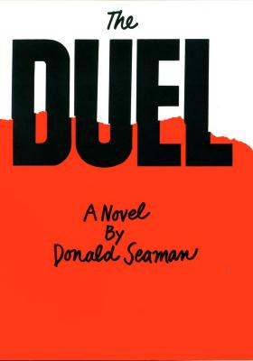 Book Covers depicts: The word "DUEL" in large blocky letters has been ripped in half, and slightly offset. The top half of the paper is white, the bottom is red