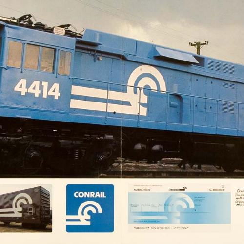 Logos and identities depicts: Blue train car with a white logo of two white semi circles with two lines coming out of them