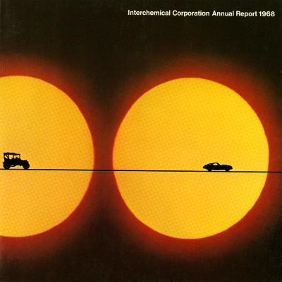 Annual Reports and Corporate Communications depicts: Silhouette of a thin line, an old car on the far left and a more modern car on the far right. Two suns in the background.
