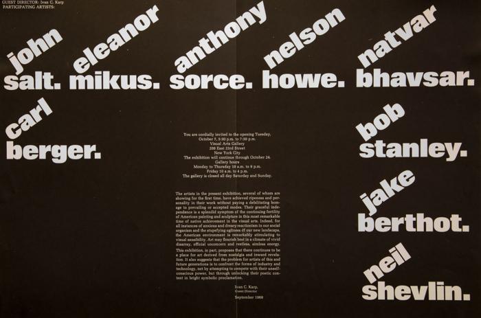 Posters depicts: Exhibition information and short curator's statement in white text on black surrounded by participating artists' names in larger white typeface