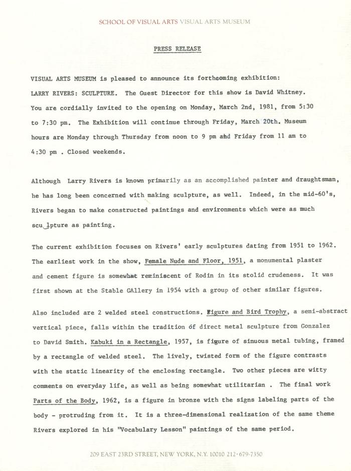 Press Releases depicts: Typewritten description of exhibition