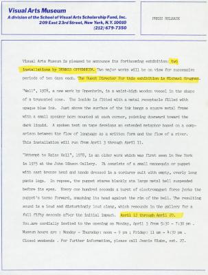 Press Releases depicts: Typewritten description of exhibition