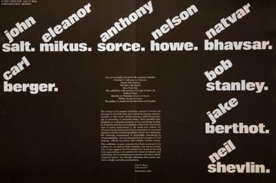 Posters depicts: Exhibition information and short curator's statement in white text on black surrounded by participating artists' names in larger white typeface