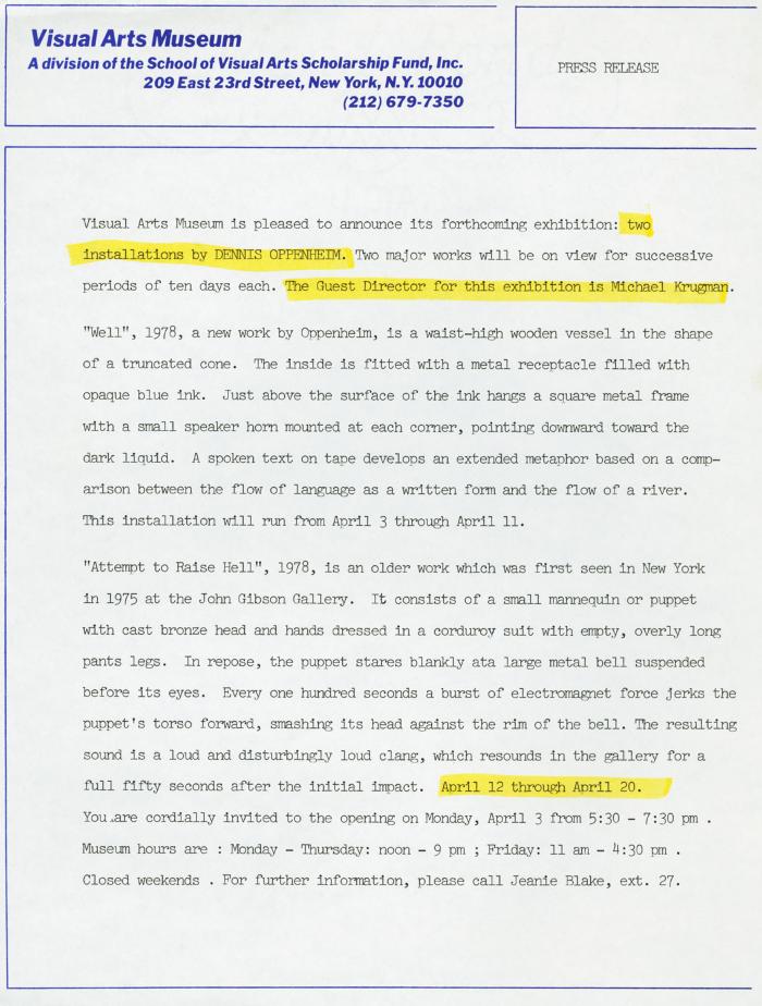 Press Releases depicts: Typewritten description of exhibition