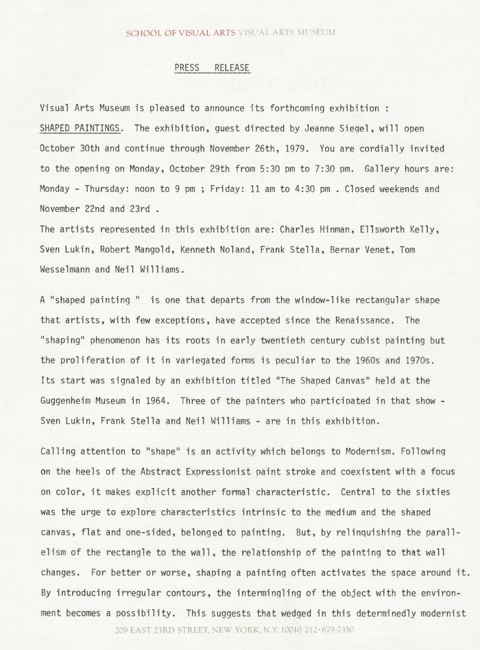 Press Releases depicts: Typewritten description of exhibition