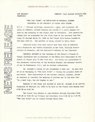 Press Releases depicts: Typewritten document describing exhibition