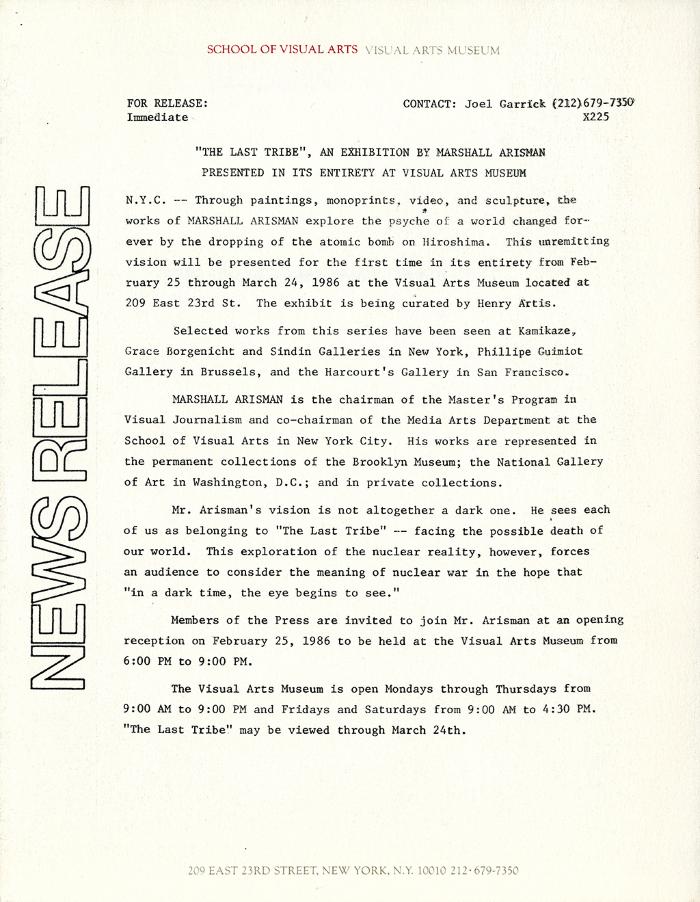 Press Releases depicts: Typewritten document describing exhibition