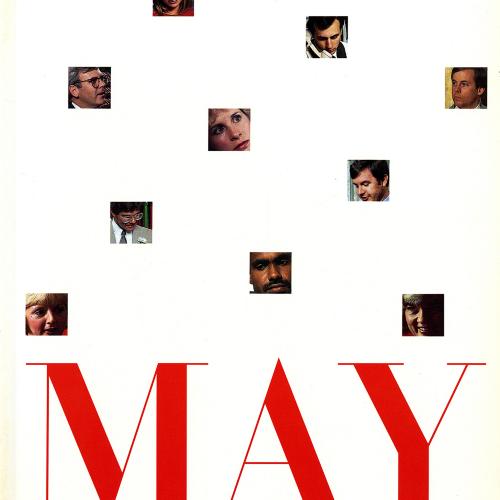 Booklet/Brochure depicts: 10 scattered photos of various faces above "May" in large red serif text.