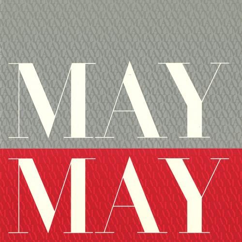 Booklet/Brochure depicts: Gray rectangle on top 2/3 with white "May" serif text. Red rectangle on bottom 1/3 with white "May" serif text.