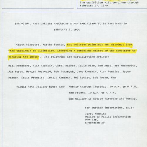 Press Releases depicts: Typewritten description of exhibition