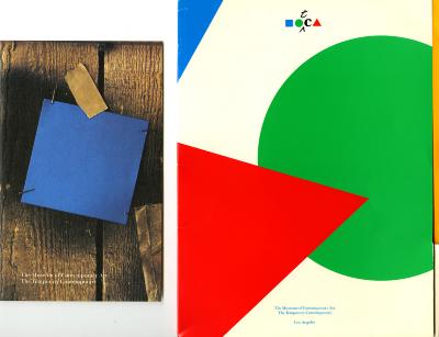 Announcements and invitations, Booklet/Brochure, Cards depicts: Photograph of a blue square staples and tapes to a wooden fence background. Big multicolor shapes. 