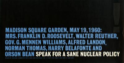 Posters depicts: Blue and white text on top of a black background oriented to the bottom left. 