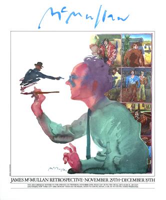 Posters depicts: Painting of James McMullan while painting, with examples of his work in the background