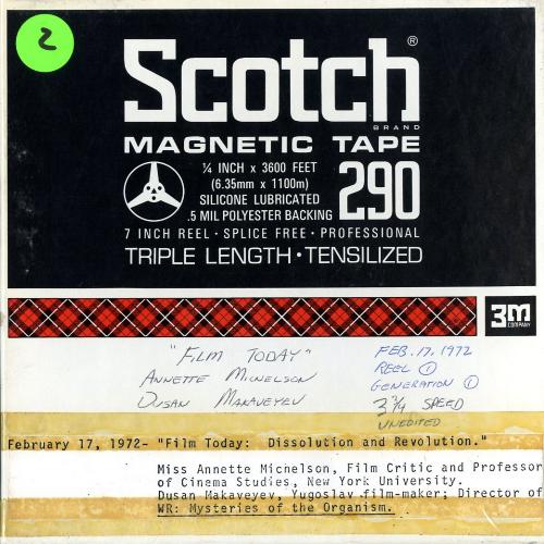 Audio Recordings depicts: Front of open reel box with event and technical information