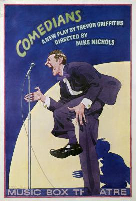 Posters depicts: Side profile of a man in a suit with a microphone in his right hand looking to the left. The man has his left leg up and is bent over and laughing, with the background being blue with a yellow circular light in the middle, with text at the top.