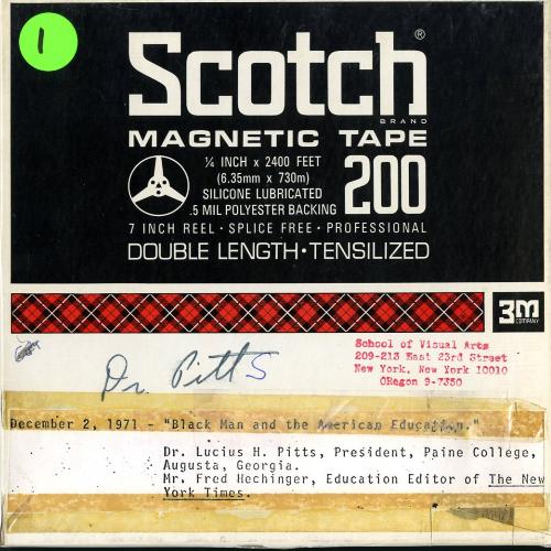 Audio Recordings depicts: Front of open reel box with event information