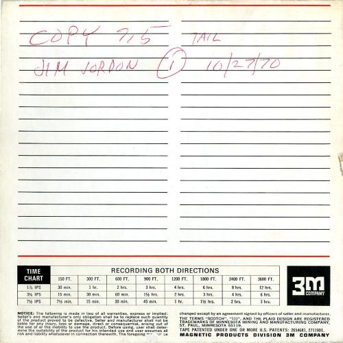 Audio Recordings depicts: Back of open reel box with handwritten "Jim Jordan 10/27/70"