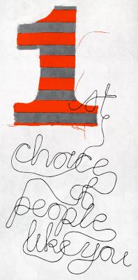 Booklet/Brochure depicts: Number 1 cut out of red and gray striped fabric with the title text stemming out in a string-like font.