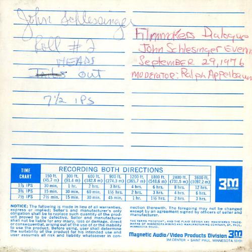 Audio Recordings depicts: Back of open reel box with event and technical information