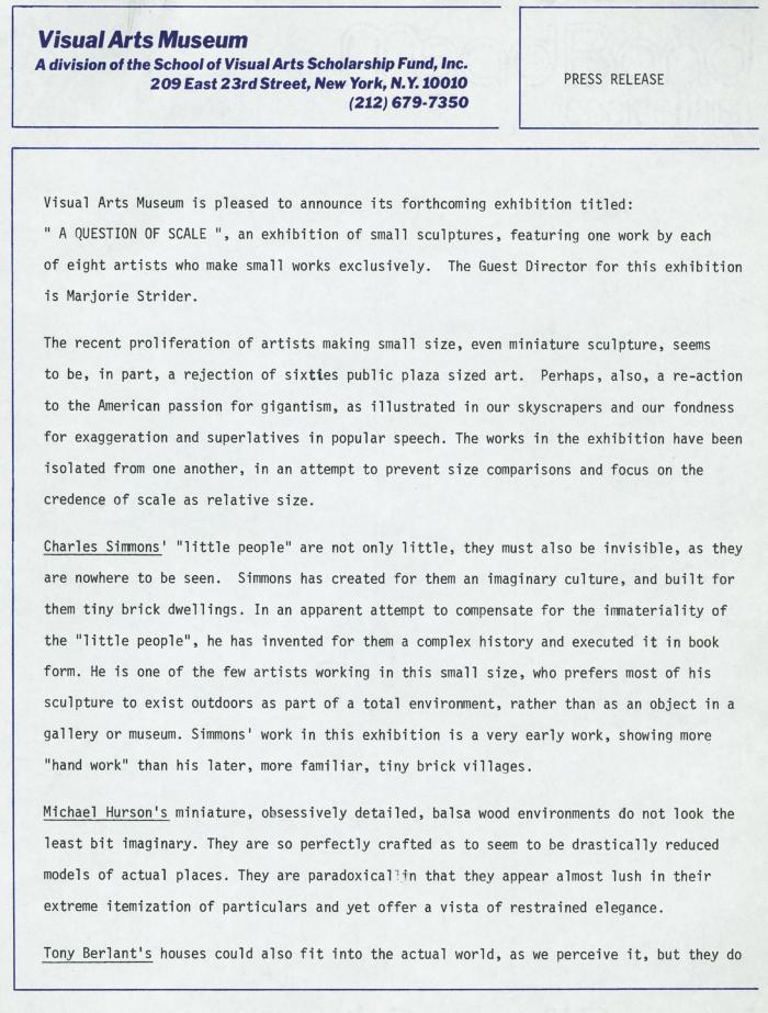 Press Releases depicts: Typewritten description of exhibition