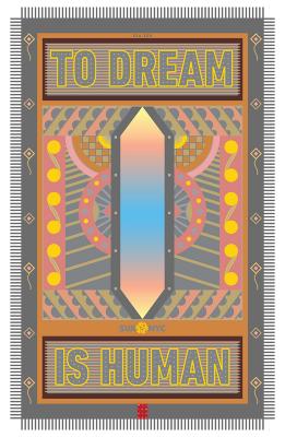 Posters depicts: Geometric patterns (primarily pink and grey) surround a long, blue, gemstone-like shape.
