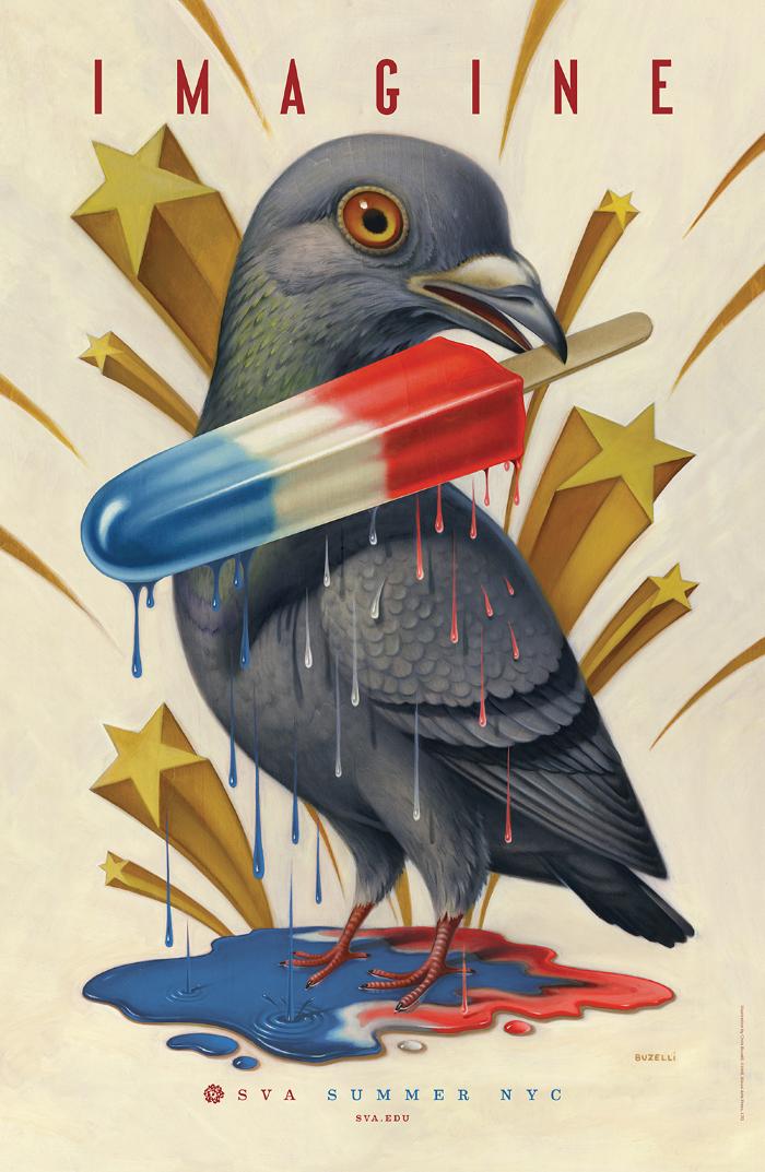 Posters depicts: Color illustration of a grey pigeon holding a melting, red, white and blue popsicle in its beak. Background is white with yellow three-dimensional stars.