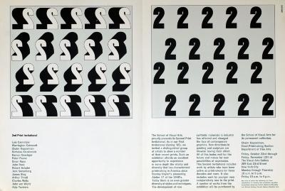 Posters depicts: Right half shows four rows of the numeral two in black type over exhibition description, while left half mirrors rows in three-dimensional white type with black sides above list of participating artists
