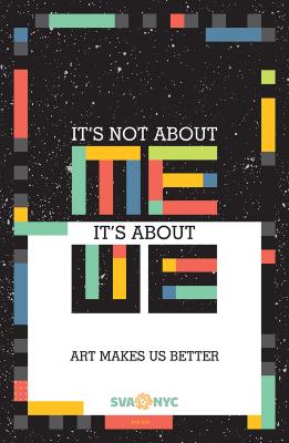 Posters depicts: Text is formed out of small, colorful, rectangular boxes, inside a white box and against a background of black with white splatter.