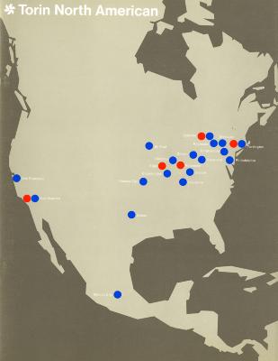 Booklet/Brochure depicts: Monotone map of North America with blue/red dots representing Torin locations.