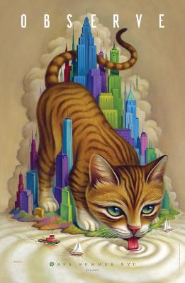 Posters depicts: A giant orange tabby cat drinks water from a river/ocean, among a miniature colorful cityscape. Two small ships are visible.