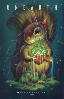 Posters depicts: Color illustration of a giant squirrel, holding a hollow acorn filled with forest growth and spewing tiny acorns, standing atop a tiny forest. A bridge with a small person & a boat are visible.