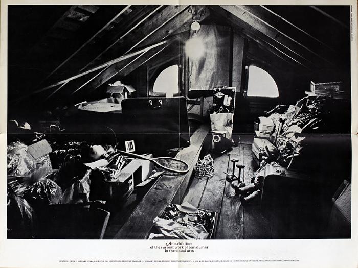 Posters depicts: A photograph of a cluttered attic with exhibition details below