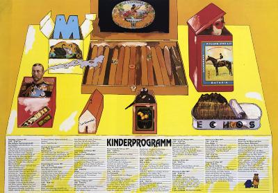 Posters depicts: Table of various decorative and ornamented things, including a box of cigars, boxes, and a tin of fish  