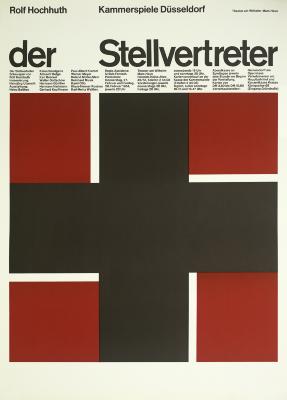 Posters depicts: Black white and red geometric cross style illustration reminiscent of a swastika