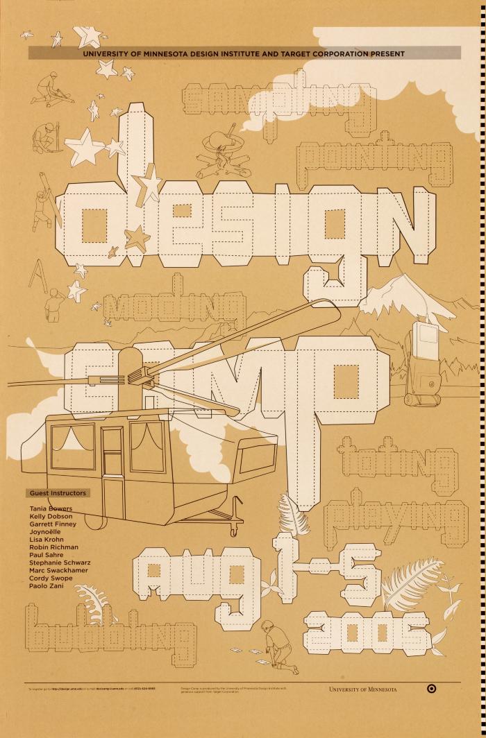 Posters depicts: "Design Camp" and the rest of the type on the page is illustrated to give the impression of a flat lay box design 