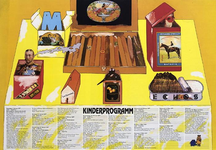 Posters depicts: Table of various decorative and ornamented things, including a box of cigars, boxes, and a tin of fish  