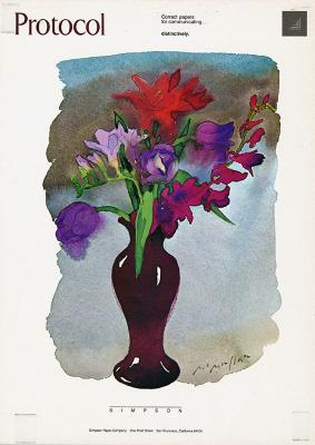 Advertisements depicts: Illustration of brown vase with purple and red flowers in it and a blue and brown background swatch behind the vase. There is text above and below the illustration.
